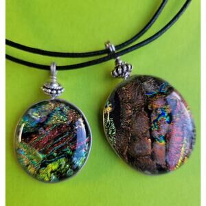 Two Sterling Wrapped Fused Dichroic Glass Pendant Necklaces Handmade Glass Gifts